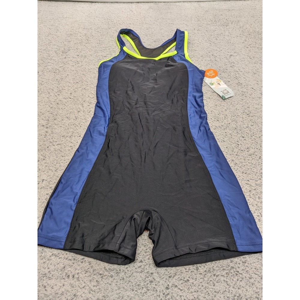 One Piece Athletic Swim Suit Romper Racerback XS Boyshort Black Blue NWT
